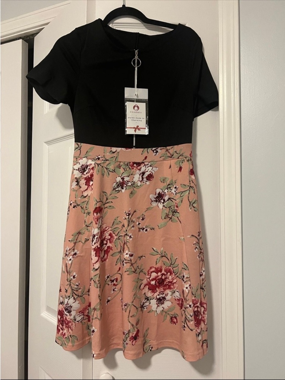 Floral A-Line Midi Dress with Black Bodice